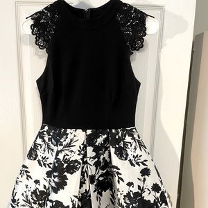 Xtraordinary, formal black/white dress, floral, high neck line, short sleeves